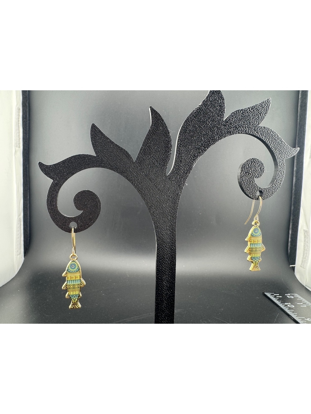 Gold and Blue Patterned Fish Hook Dangle Earrings - Picture 3 of 4